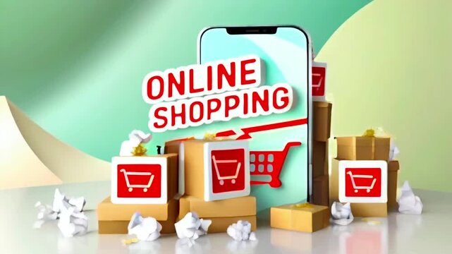 The video is of a green background with a white iPhone in the center. The screen has red text that reads "Online Shopping" and there are several boxes with shopping cart symbols on them surrounding