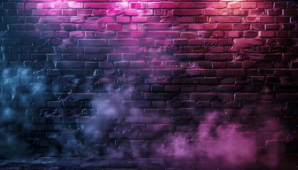 Grunge brick wall with neon lights and smoke. Abstract background