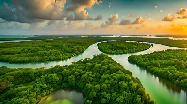 Progreso&rsquo;s Lush Mangrove Coast from Above. Aerial View, Yucatan, Mexico