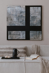 Creative composition of living room interior with mock up poster frame, modular sofa, wooden coffee...