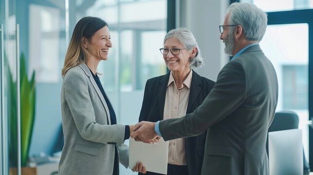 Happy senior couple shaking hands with financial consultant after successful retirement fund review in bright office space.
