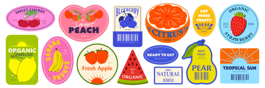 A brightly colored set of stickers with fruit. fruit stickers for supermarkets, stores. strawberry, blueberry, apple, banana, citrus, lemon, natural, tropical. trendy retro design.