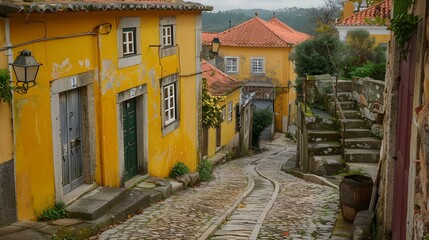 Obraz premium Cobblestone Street in a European Village with Yellow Buildings