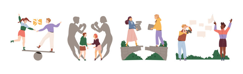 Social Interaction with Man and Woman Character Contact with Each Other Vector Set