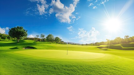 golf course on a sunny day.  A sunny afternoon on the golf course - panoramic extra wide view of a gorgeous.