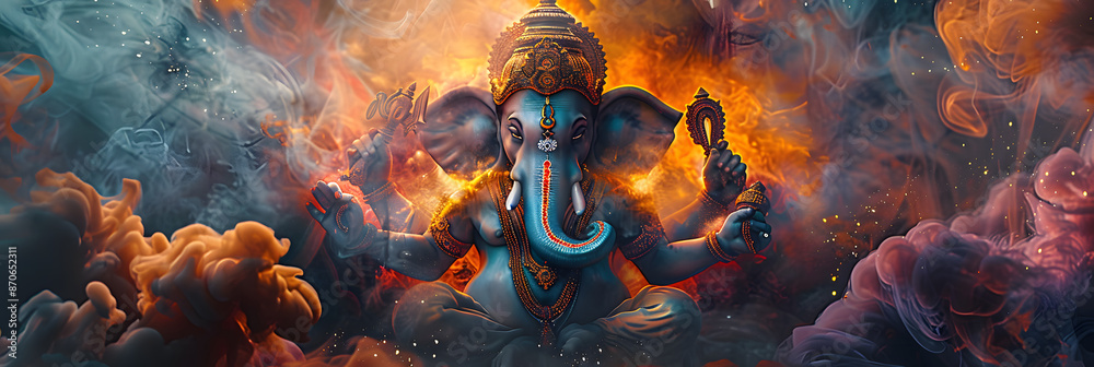 Canvas Prints Vibrant artwork of Lord Ganesha with multiple arms, surrounded by colorful smoke and flames, symbolizing spiritual energy and power.