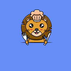 cute vector design illustration of a lion chef mascot holding cutlery