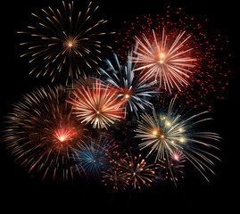 DIfferent colros and  types of fireworks in the sky background