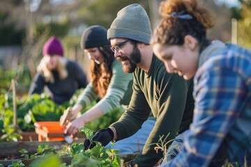 Group of people gardening together outdoors in sunlight.