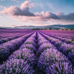 Fototapeta premium Lavender field at sunset, vibrant purple flower rows under dramatic sky, scenic landscape. Tranquility and beauty of nature concept