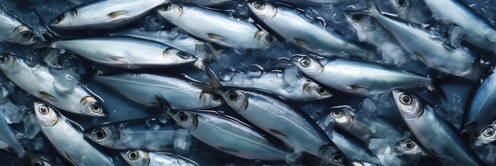 Obraz premium Fresh Fish on Ice,A large group of sardines, Photo of a pile of sardines