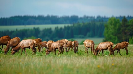 Naklejka premium A herd of deer grazing peacefully in a meadow, symbolizing community and harmony.