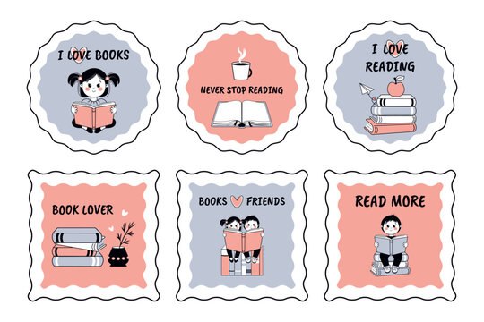 Fototapeta A set of stickers depicting stacks of books, children reading books, and inscriptions about the love of reading. Vector design.