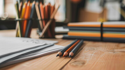 Fototapeta premium School supplies neatly laid out on a wooden table in the classroom, back to school concept