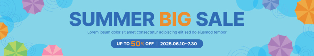 Summer season sale event banner template illustration. Typography says 'Summer Big Sale' on a background of rain and colorful umbrellas.