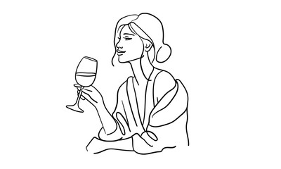 Girl enjoying champagne continuous line art drawing isolated on white background. Alcoholic drink. Vector illustration