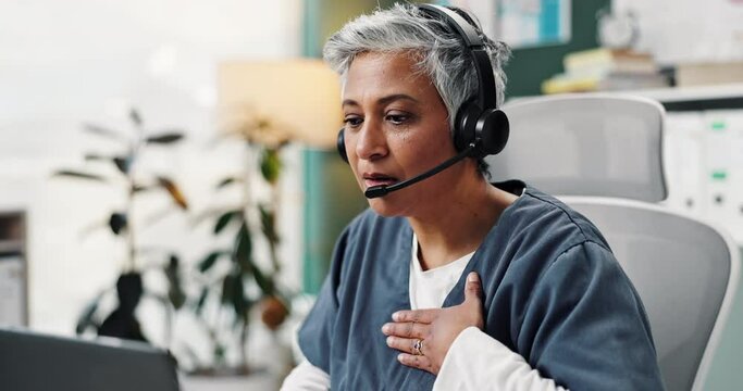 Senior woman, doctor and headphones for video call, healthcare, pneumonia advice and virtual consultation in clinic. Mature medic, headset and telehealth for online chat, support and tuberculosis faq