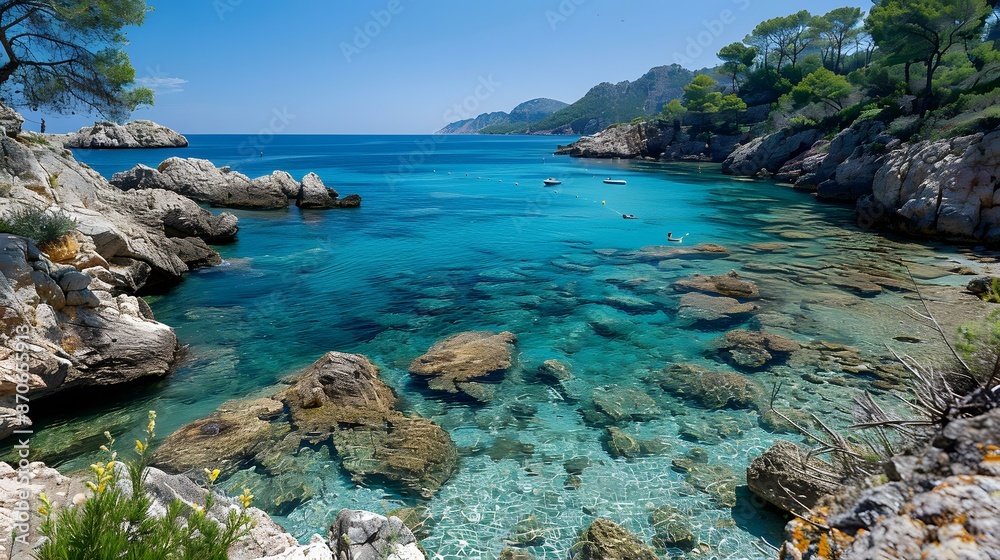 Wall mural clear blue water in a rocky bay in mallorca spain