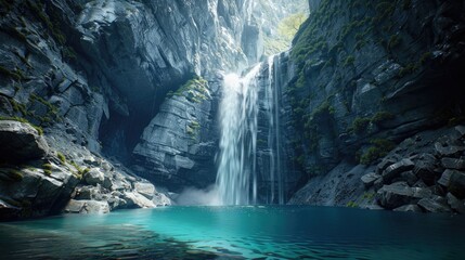 Naklejka premium A majestic waterfall cascading into a serene pool, illustrating the beauty of natural forces.