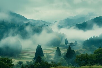 Misty Mountains and Traditional Japanese Village