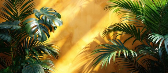 Abstract shadow of black and white palm leaves on yellow background. Copy space