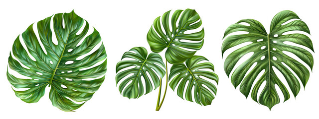 Monstera Leaves Set, isolated on transparent background, green leaf