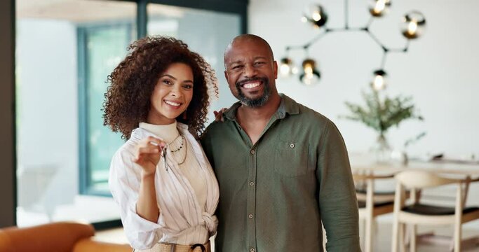Couple, keys and new home with face, love and real estate investment with excited people. Moving, opportunity and lounge with security deposit success and support with fresh start and portrait