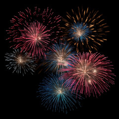 DIfferent colros and types of fireworks in the sky background