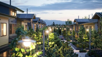 Obraz premium A mixed-use neighborhood with eco-friendly townhouses, community orchards, and solar-powered street lamps.