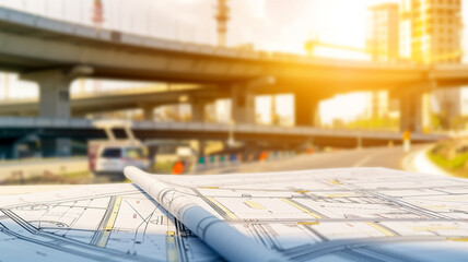 A construction draft on the background of a multi-level road, an image of the construction of a transport interchange