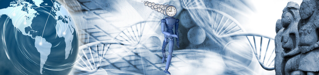 A Clockwork World: A Humanoid Figure Navigates a Landscape of Time, Genetics, and Global Connections