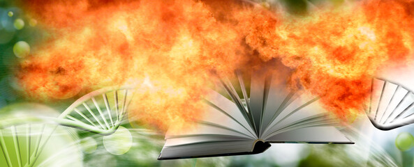 stylized figures of DNA helices on fire