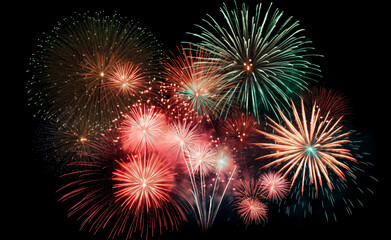 DIfferent colros and types of fireworks in the sky background