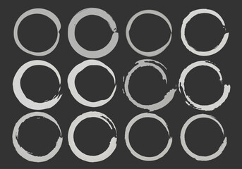 Hoja de iconos de círculos de trazo de pincel blanco en fondo negro