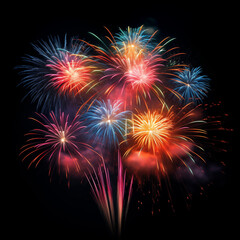 DIfferent colros and  types of fireworks in the sky background