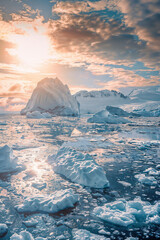 sunset view with iceberg in the sea