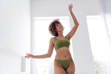 Photo portrait of pretty lovely young girl have fun elegant no retouch wear khaki lingerie isolated on white day light studio background