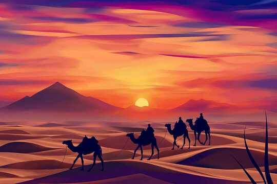 A stylized depiction of camels crossing the desert under a vibrant sunset sky, designed to exemplify abstract and best-selling qualities ideal for wallpaper