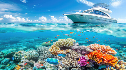 Fototapeta premium a white ship in the ocean with fish and sharks swimming around it