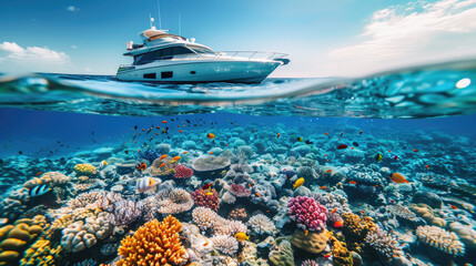 Fototapeta premium a white ship in the ocean with fish and sharks swimming around it