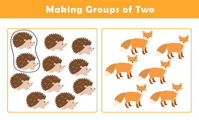 Making Groups of Two Worksheet. Grouping Picture Math Activity for Kids. Fun Math Activity for Children. Counting with Cute Pictures Worksheet.	
