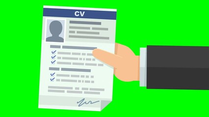 Animation of a hand presenting a Curriculum Vitae (CV) from the right on green screen, transparent background with alpha channel (flat design)