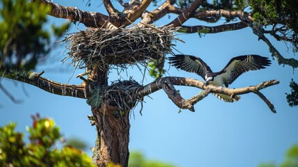 A pair of birds building a nest together in a tall tree, depicting cooperation and teamwork.