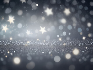 Silver bokeh circles and stars on a dark background. Christmas lights. Overlay