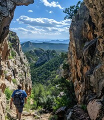 Naklejka premium Man hiking in a canyon