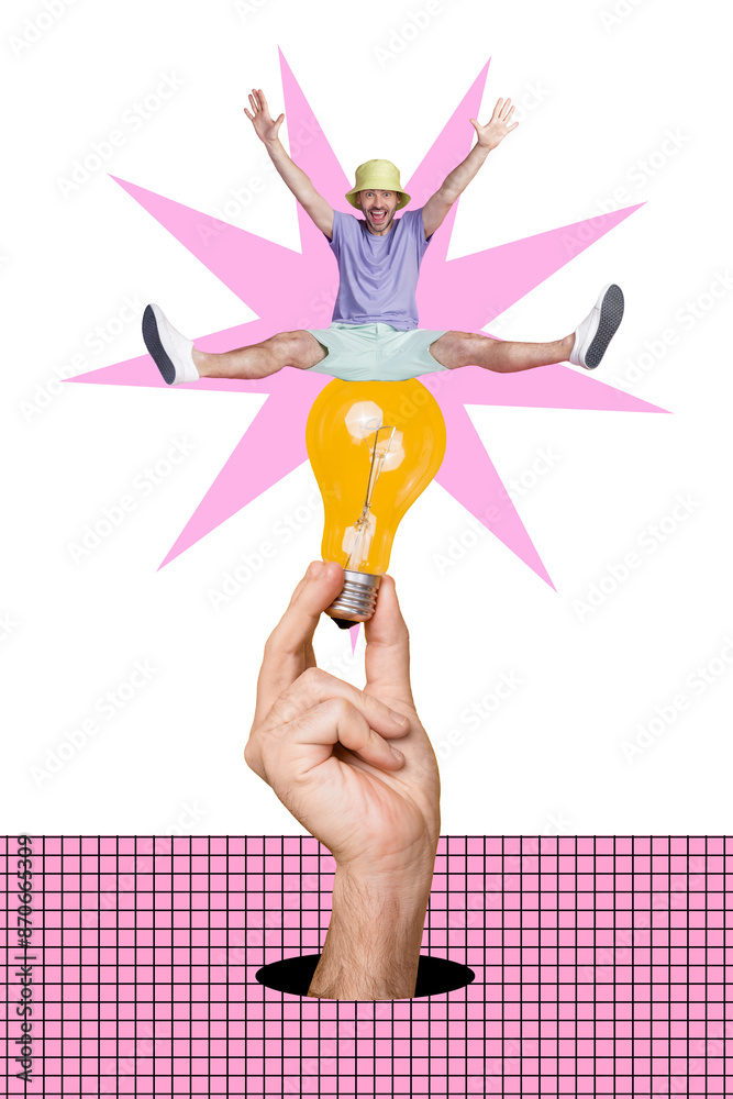 Sticker Composite trend artwork 3D sketch collage of miniature caricature idea lamp light bulb clever decision young man guy carefree jump happy