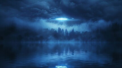 Fototapeta premium Mysterious alien UFO appears over blue mist-shrouded lake