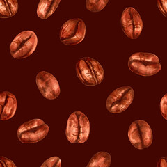 Seamless pattern of coffee beans on a brown background. Illustration with watercolor and marker. International Coffee Day. Hand drawn isolated art. Production, harvesting. Invigorating drink