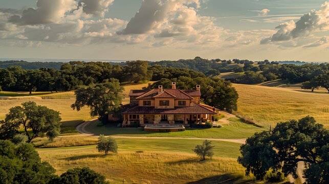 Large stone and wood house in middle of ranch land