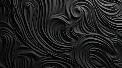 Abstract background with black gypsum stucco with ornate waves effect. Luxury molding facade relief with flowing forms, fluid curves and ripples. Header illustration for banner design. Generative AI.